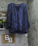 MSK Plus Size V Neck Bell Sleeve Sequin Knit Blouse Top Shirt NAVY BLUE 1X