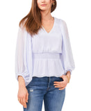 Sam & Jess Womens Shirred Long Sleeve Peplum V-Neck Smocked Top Pastel Blue XL