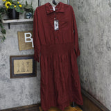 Future Collective Collared Long Sleeve Smocked Midi Shirtdress Burgundy Red XXL