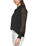 Calvin Klein Womens Long Sleeve Mock Neck Smocked Blouse Black XL