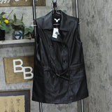 Bar III Womens Petite Faux-Leather Notched Collar Belted Vest Black PM
