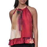 DKNY Printed High-Neck Sleeveless Blouse Shirt Top Brush Stroke Red Multi L