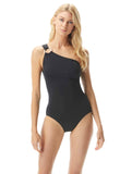 Michael Kors Womens Iconic Solids Ring One Shoulder One-Piece Swimsuit Black 12