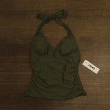 DKNY Halter V-Neck Shirred Tankini Top DIMKS215 Moss Green S