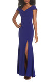 Xscape Womens Dress Gown Off-Shoulder High-Slit 970X Crepe Blue 14