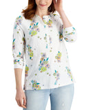 Style & Co. Cotton Printed Henley Top 100142569MS Retro White Multi M