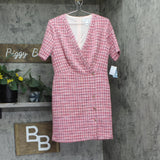 London Times Womens Surplice Faux Wrap Houndstooth Dress T7764M Pink Multi 8