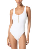 Michael Michael Kors Womens Zip-Front One-Piece Swimsuit Textured White 10