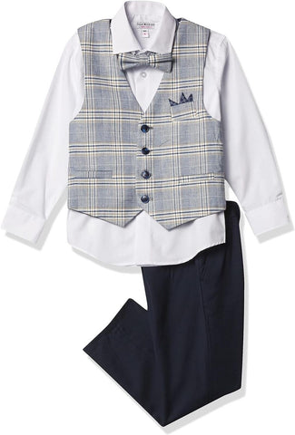 Isaac Mizrahi Slim Fit Boys 4pc Plaid Contrast Vest Pant Shirt Tie Set Blue 2