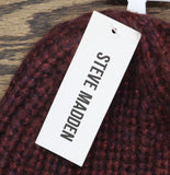 Steve Madden Womens Marled Knit Beanie Cuffed Shimmer Chunky Logo Merlot Red