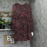 Taylor Petite Sheer Long-Sleeve Chiffon Smocked Waist Dress Red Crimson Multi 8P