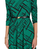 Calvin Klein Womens Geometric Belted Midi A-Line Dress Pine Green / Black 2