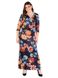 24seven Comfort Apparel 3/4 Sleeves Side Slit Maxi Dress Black Multi Print 3X