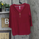 Ny Collection Womens Long Sleeve Crepe Knit Zipper V-Neck Tee Burgundy Red 1X