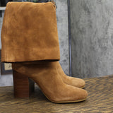 Michael Michael Kors Suede Block Heel Ruched High Heel Boots Luggage Brown 9.5M