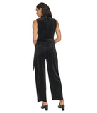 Calvin Klein Womens Velvet Twist Cowl Neck Tie Waist Wide Leg Jumpsuit Black 10
