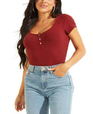 Guess Women's Karlee Jewel-Button Ribbed Henley Top W2YP24KBCO2 Beet Juice Red S