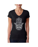 La Pop Art Word Art "Protect" Hamsa Hand Divine Graphic V-Neck T-Shirt Black 2XL