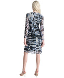 DKNY Printed Side-Ruched Sheer Long Sleeve Mesh Dress Black / Blue Multi 14