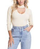 Guess Lea Cutout Sequined Ribbed 3/4-Sleeve Sweater W3RR58Z34O0 Cream White S