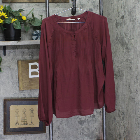Me By Jennie Garth Womens Alberta Pleated Blouse Shirt Top Blackberry Red L