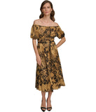 Donna Karan Womens Off-The-Shoulder Chiffon A-Line Dress Black / Fawn 14