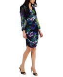 Tahari Asl Women's Printed Long-Sleeve Ruched Mesh Dress 2AM431-T2
