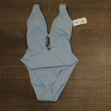 Sanctuary Refresh Rib Plunging Lace Back Mio One-Piece Swimsuit Blue Chateau L