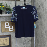Cece Womens Scattered Daisy Puff Sleeve Knit Shirt 7021663 Navy Blue M