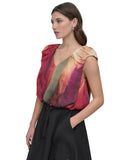 DKNY Womens Rumpled Abstract-Print Blouse Woven June Brush Stroke Red Multi XL