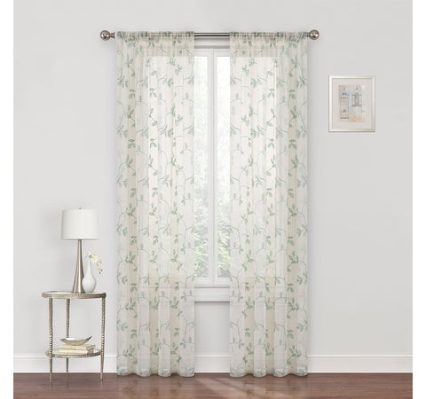 Regal Home Pocket Embroidered Sheer Single Curtain Panel Ivory Green Clay 50x63