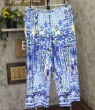 Denim & Co. Print Elastic Waist Side Pocket Straight Leg Pants Blue Multi XL