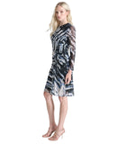 DKNY Printed Side-Ruched Sheer Long Sleeve Mesh Dress Black / Blue Multi 14