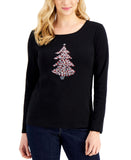 Karen Scott Womens Cotton Embellished Graphic Shirt Top Black Christmas Tree L