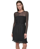 DKNY Petite Belted A-Line Dress Jewel Neck Pleated Mesh Dress XD4KI694 Black 0P