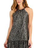 Taylor Women's Sequined Flounce-Hem Halter Dress 3083M Flaxen Seal Black 8