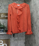 Sam Edelman Jasleen Ruffled Long Sleeve Button Front Top Blouse Red Orange S