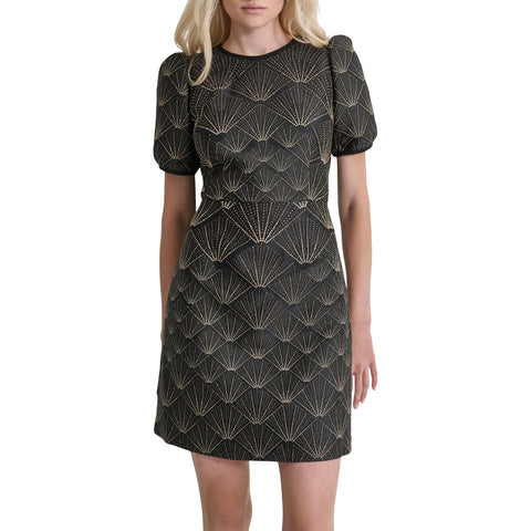 DKNY Womens Short Sleeve Jewel Neck Mini Fit and Flare Dress Black/Gold 12
