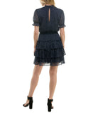 Crystal Doll Printed-Chiffon Short Sleeve Babydoll Dress Navy Blue / White XL