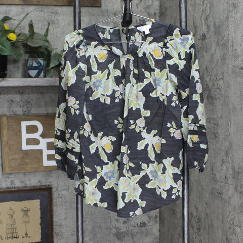 LC Lauren Conrad Women Lightweight Woven Tie Back Blouse Shirt Top Gray Floral S