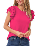 Cece Ruffled Flutter-Sleeve Short Sleeve Knit Top 7031619 Bright Rose Pink S