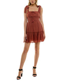 Trixxi Juniors Square-Neck Tie-Strap Fit Flare Mini Dress Brown Orange S