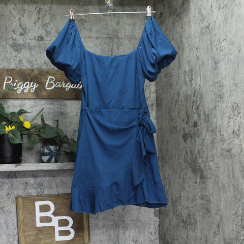 Trixxi Juniors Puff-Sleeve Side-Tie Fit & Flare Dress Dark Teal Blue Green L