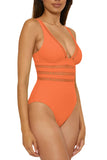 Becca Modern Edge Ribbed Cut-Out One Piece Swimsuit 541357 Coral Rose Orange L