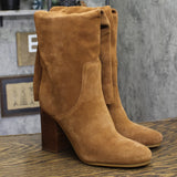 Michael Michael Kors Suede Block Heel Ruched High Heel Boots Luggage Brown 9.5M