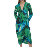 DKNY Womens Printed Sash Tie V Neck Tulip Hem Midi Dress Black / Green 6