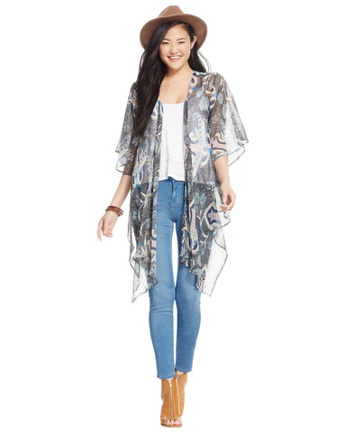 Say What? Paisley Asymmetrical-Hem Kimono Woven Top Black Paisley Multi M