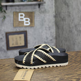 Bearpaw Criss Cross Woven Raffia Faux Leather Slide Sandals Black / Off White 7M