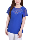 Ny Collection Petite Studded Short Flutter Sleeve Top Surf The Web Blue PM