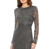 Mac Duggal Beaded Tea Length Dress Gown with Sheer Sleeves Charcoal Gray 8